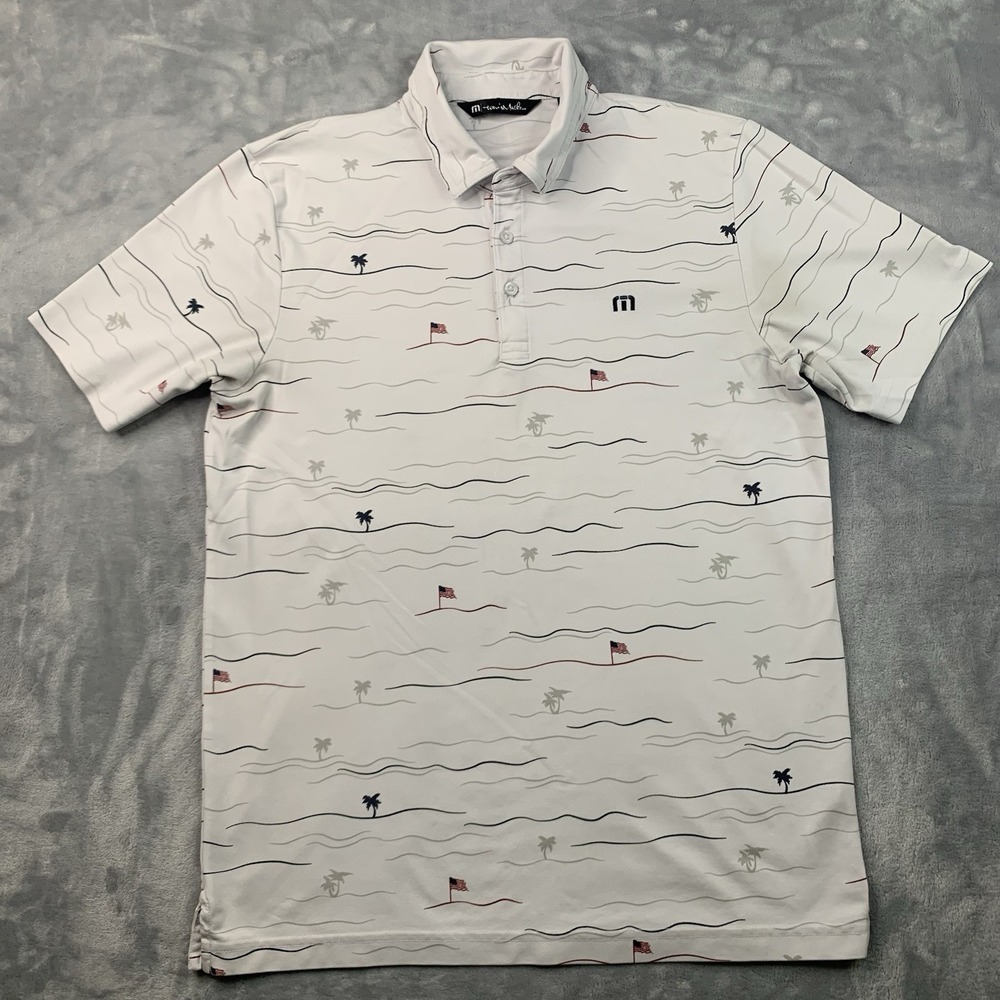 Travis Mathew Shirt Men's Medium‎ Polo Palm Tree American Flag Print Stretch